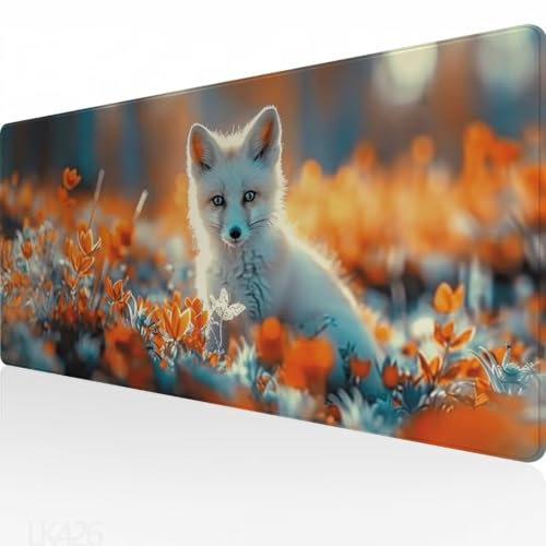 Mauspad Weiß Groß Gaming Mauspad Fuchs Mouspad XXL 800x400x3mm, Design Vernähte Kanten, Wetterfest Verlängertes Mousepad, Schreibtischunterlage, rutschfeste Gummi Mouse Pad, Für Home Office Y5-426