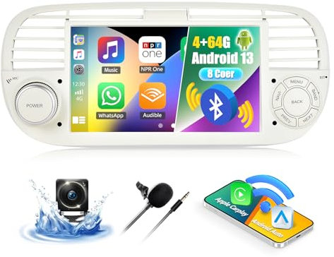 CAMECHO 8-Nucleo 4+64G Android 13 Autoradio per Fiat 500 2007-2015, 7 Wireless Carplay Android Auto Bluetooth Touchscreen Radio 2Din con WIFI GPS Mirror Link FM/RDS DSP +Telecamera Retromarcia Canbus