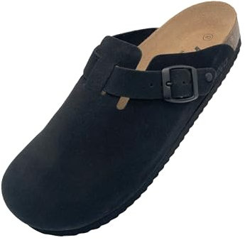 Modische und Bequeme Unisex Kork Fußbett Pantoletten, Hausschuhe und Sandalen für Erwachsene, hochwertiges Leder, nachhaltige Herstellung in Spanien (Schwarz, Gr. 38)