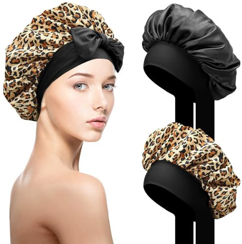 2 Stück Seidenhaube zum Schlafen Schlafhaube Haare Schützen, Satin Haarhaube mit elastischem Band, Weiche Nachtmütze für Lockiges Haar, Sleep Cap Satin Bonnet für Damen