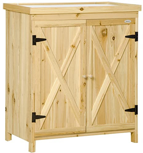 Outsunny Armoire de Jardin, Armoire de Rangement de Jardin, avec Plateau en métal galvanisé étagère Double Porte avec poignée Pieds surélevés en Bois Massif 80 x 45 x 92 cm Bois Naturel