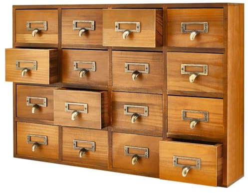 Flexzion Apothekerschrank mit Schubladen, 16 Vintage-Apotheker-Schubladen, Schreibtisch-Organizer für Zuhause und Büro, Holz-Tischplatte, Bibliothekskarten, Katalogschrank, Aufbewahrung für Schmuck