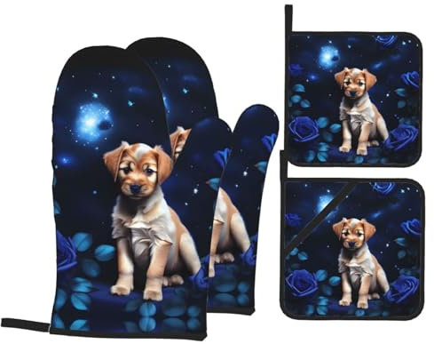 Set di guanti da forno e presine con stampa di rose blu, guanti da cucina resistenti al calore per cucinare, cuocere al forno, grigliare