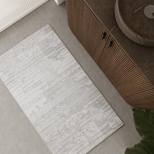 WECONhome – Waschbarer und Rutschfester Badezimmerteppich im dezenten Linien-Design – Modernes Design und hoher Komfort für Dein Bad – Mauri (70 x 120 cm, weiß)