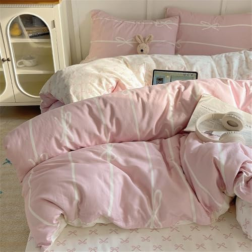 Freyamy Mädchen Bettwäsche 135x200 cm, Rosa Schleifen Bettwäsche Set 2teilig, Weiß Schleifen Wende Bettwäsche für Kinder,Weich Bettbezug mit Reißverschluss + 1 Kissenbezug 80x80 cm