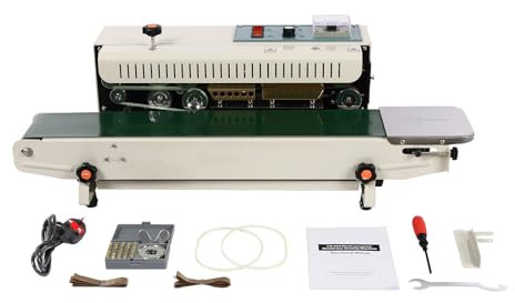 Sealing Machine 500W Industrial Bag Continuous Heat Sealer with Date Embossing (0-12m/min Adjustable) for Food Pharmaceutical E-commerce Packaging