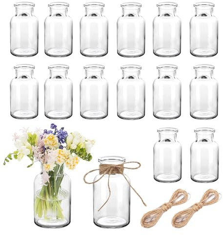 Small Bud Vase Set 16PCS Clear Flower Vases Mini Glass Vases with 20M Jute Twine for Floral Arrangements Wedding Centerpiece Home and Parties Table Decorations