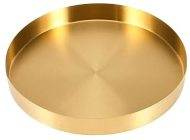 Gold Stainless Steel Serving Tray - Round Decorative Metal Platter for Makeup Display, Jewelry Storage & Beverage Service | Luxury Home Organiser for Bathroom, Coffee Table & Dining