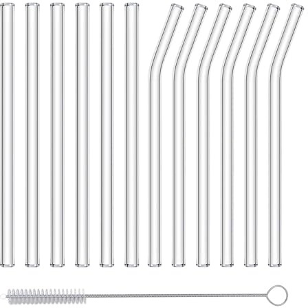 NAFENDER Short Glass Straws 12-Pack Set Small Glass Straw Cute Reusable Cocktail Straws Clear with Cleaning Brush (13)
