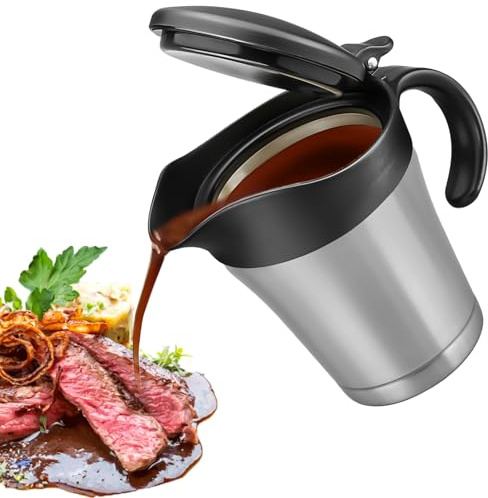 LEKEFETO Jarra de salsa de acero inoxidable 304, 450 ml: jarra para salsas con tapa negra, doble pared para salsa de carne, elegante jarra térmica plateada para salsas de fiesta (negro/plata)