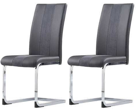 AINPECCA Esszimmerstühle 2er Set, Kunstleder Freischwinger Schwingstuhl, Küchenstuhle mit hoher Rückenlehne, verchromtem Metallgestell, Polsterstuhl für Wohnzimmer(2, grau)