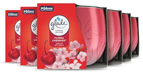 Glade Scented Candle Sleeved, Infused with Essential Oils, Made without Palm oil, Up to 25 Hour Burn Time, Floral Cherries, Pack of 6 (6x 108g), Packaging May Vary