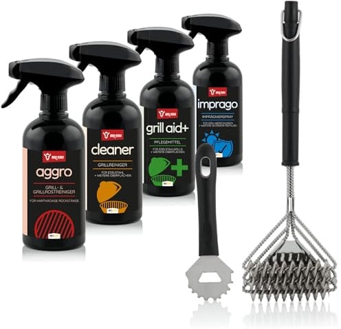 BBQ-TORO Kit d'entretien Polyvalent 6 pièces | Kit de Nettoyage pour Barbecue avec Brosse et grattoir | Nettoyant Puissant Aggro, nettoyant pour Barbecue, Spray d'entretien Grill aid+, Spray