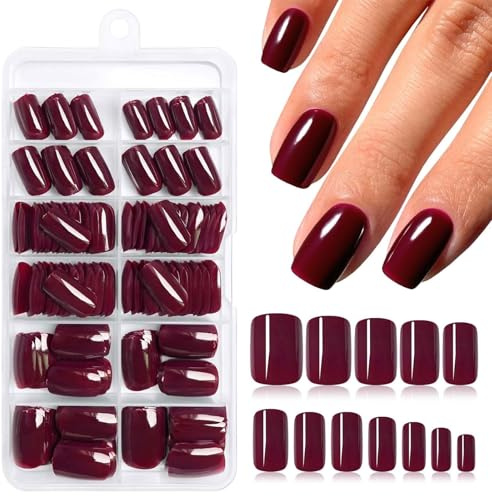 TESGADGETS 240 Pieces Burgundy Short Artificial Nails with Adhesive Tabs, Square Acrylic Nails, Deep Red Stick-on Nails, Faux Nail Tips