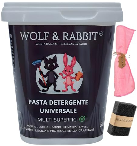 WOLF & RABBIT Pasta Pulente Universale 500g + Kit Premium– Detergente Cucina,Bagno, Sgrassatore Multiuso,forno,piano cottura,piastrelle,rubinetti, crema Rimuove Incrostazioni,anticalcare
