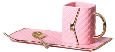 Qianly Handbag Shaped Coffee Mug Set,Purse Mug Ceramic Tea Cup with Saucer for Christmas, Pink