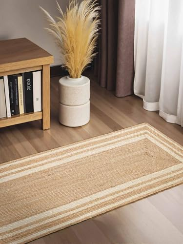Hanse Home Looma - Jute Teppich, Natürlich & Handgemacht, Naturteppich Robust mit Bordüre, Boho Look Wohnzimmerteppich für Wohnzimmer, Schlafzimmer, Esszimmer, Flur - Natur Gold Elfenbein, 70x200 cm