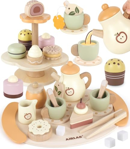 Teeservice Spielküche Zubehör Holz, 2 in 1 Kinder Teeservice und Kuchen-Set | Holzspielzeug Tee-Set mit Zuckerwürfeln und Dessert, Kuchen-Set mit Cupcakes und Ständern, Lernspielzeug Geschenk Kinder