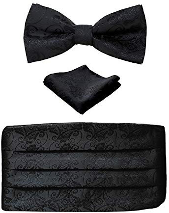 Simpowe Herren Passende Paisley Einstecktuch Fliege und Kummerbund Set Einheitsgröße Schwarz