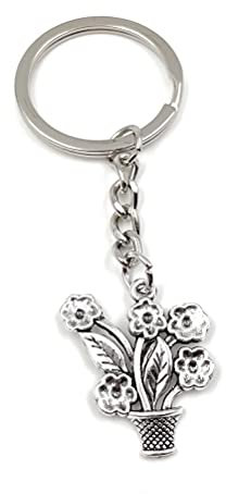 Onlineworld2013 Keychain flowerpot with flower silver metal pendant charm