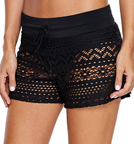 Ocean Plus Damen Häkel Spitze Elegante Badeshorts mit Innenslip Schwimmshorts Bikinihose Übergröße Hotpants Boxer Schwimmshorts Beachshorts (XL (EU 40-42), Black)