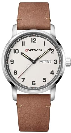 WENGER Herren Armbanduhr Attitude Ø 42 mm, Swiss Made, Analog Quarz, Wasserdicht bis 100 m, Leder-Armband, Creme/Braun, 01.1541.117