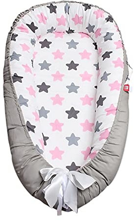SONARIN Babynest babynestchen 100% Baumwolle,multifunktionales Kuschelnest für Babys,hypoallergen, mit Kissen, tragbar,Nestchen Reisebett für Babys und Säuglinge(Stern-Rosa)
