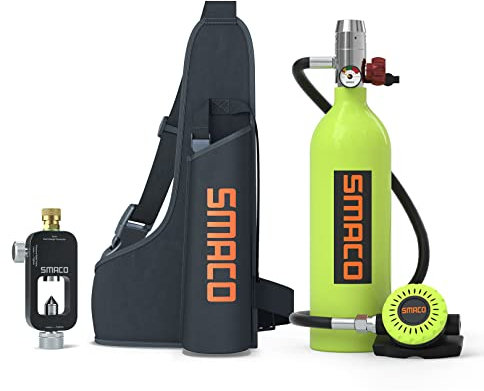 SMACO Bouteille de Plongée 1L pour Plongées en Eaux Peu Profondes, Mini Bouteille de Plongée Permettant Une Respiration de 15-20 Minutes pour Plongée de Loisir/Travail Subaquatique, Ensemble E(Vert)
