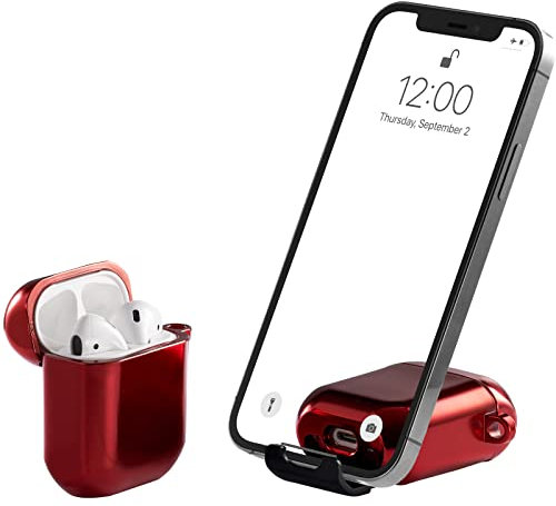 AirStand - AirPods Case Cover mit unsichtbarem Telefonständer, kompatibel mit AirPods 1 2, voller Schutz TPU & PC stoßfestes Gehäuse mit Schlüsselanhänger Karabiner(Rubin)