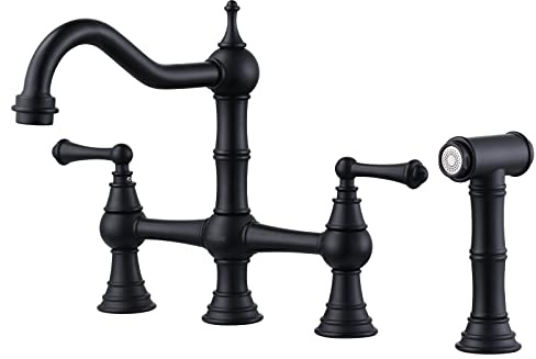 WOWOW Schwarze Küchenarmatur mit Seitensprüher, 4-Loch-Messing-Küchenarmaturen für Spüle, 2 Griffe, 20,3 cm, Mittelsatzbrücke, Wasserhahn, Vintage, Bauernhaus, Kupfer, Küchenspüle, Armaturen