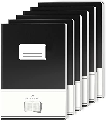 JiaWei 6 Stück Notizbuch A4 Kariert, 32 Blatt 64 Seite, 80 g/m², Notizheft, Notizbücher, Augenschutz-Papier, Einband aus Schwarz Kunstdruckpapier