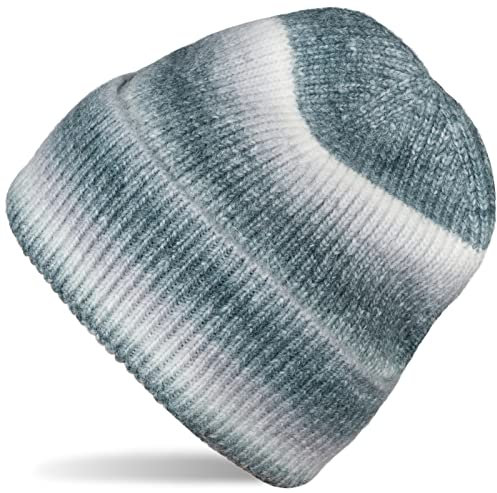styleBREAKER Damen Strickmütze mit Streifen Farbverlauf im Ombré Look, Feinstrick Mütze, Strick Beanie 04024199, Farbe:Grau-Weiß