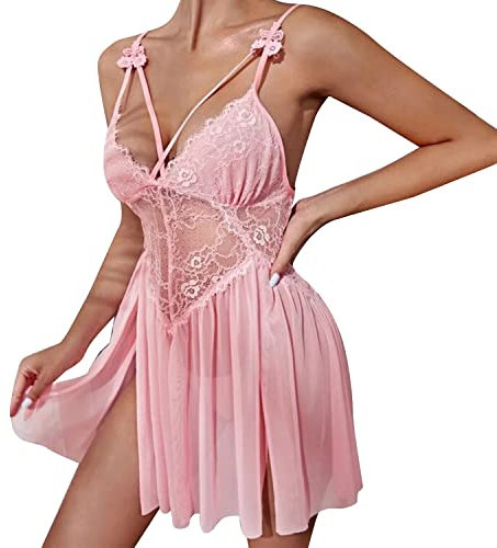 Rayson Babydoll Mujer de Encaje Picardias sin Mangas Camison de Encaje Ropa 2 Piezas Lencería Conjunto con Tanga(Rosa)