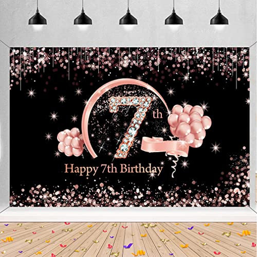 Happy 7th Birthday Decorations Backdrop Banner for Girls Happy 7 Years Old Party Fabric Sign Poster Girl Birthday Black and Rose Photo Background 7th Birthday Party Supplies, 59x35.4