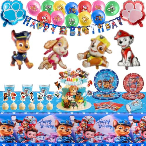 135 Pièces Pat Anniversaire, Ensemble Vaisselle Fête Kit avec Assiette Anniversaire Gobelet Nappe Décoration Gateau Ballon pour 10 Personnes