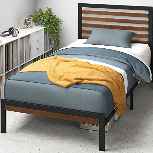 Zinus Kai Cama 90x190 cm - Altura 23cm - Estructura de la cama de plataforma de bambú y metal con cabecero y soporte de listones de acero - Marrón y negro