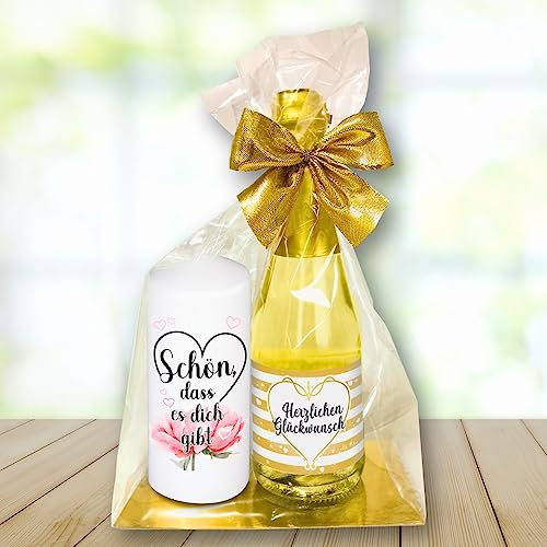 Hochwertiges Geschenkset - Piccolo Beerenperlwein Herzlichen Glückwunsch mit Kerze Schön, dass es dich gibt - Secco Sekt mit Stumpenkerze als Geschenk für Frauen zum Geburtstag
