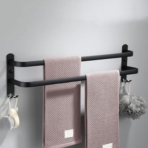 nvdsivee Porte Serviette Murale Noir Barres Porte-Serviettes Multicouche avec Crochets Espace Aluminium Porte Serviette pour Salle de Bain, Cuisine d'hôtel, Style Contemporain (60 cm, Noir, 2 Couches)