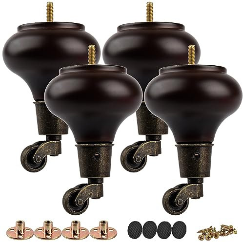TCHOSUZ Lot de 4 pieds de meubles ronds en bois de noyer massif classique de 13 cm avec roulettes, pieds de rechange pour projet de bricolage, canapé, armoire, lit ottoman