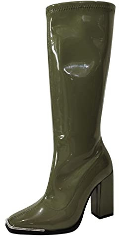 pitashe Stivali Donna Con Tacco Stivali Invernali Stivali Tacchi Comodi Tinta unita Cerniera Donna Alto Retro Medio Stivali da Donna Pelliccia Stivali corti da Medio, verde, 37 EU