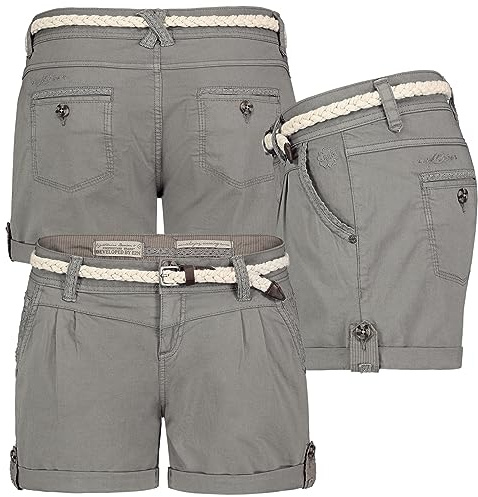 Eight 2 Nine Damen Short Bermuda Kurze Hose Sommer Chino Stoff Hotpants mit Gürtel, Hosengröße:S / 36, Farbe:Grau