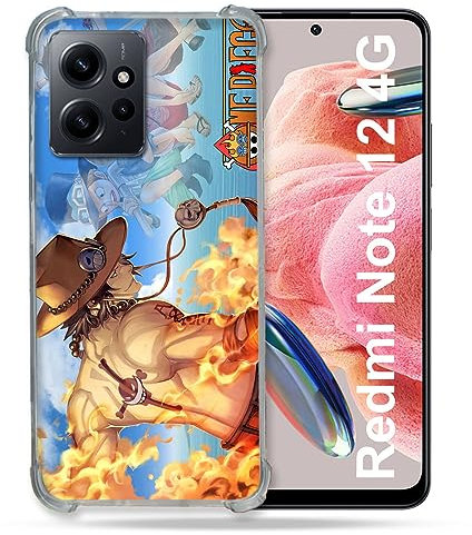 Coque Renforcée en Verre Trempé pour Xiaomi Redmi Note 12 4G Manga One Piece Ace Color