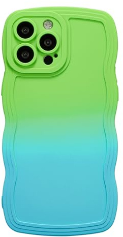 ZCDAYE Compatible with iPhone 15 Pro Max, Cute Neon Rainbow Gradient Color Curly Wave Frame Camera Protection Soft TPU Shockproof Case Cover for iPhone 15 Pro Max (6.7 inch), Green&Blue