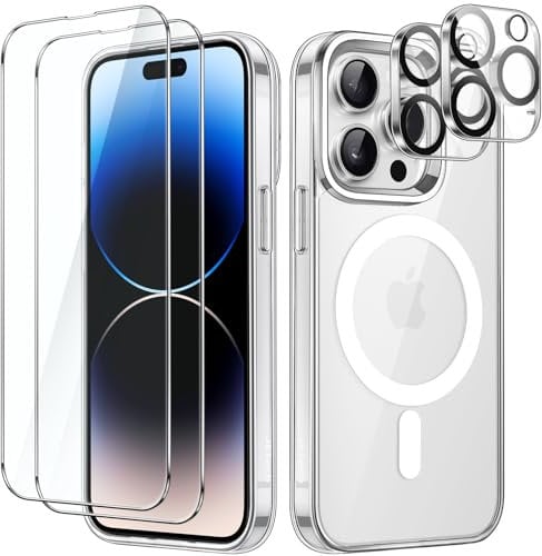 JETech 5 in 1 Magnetic Case for iPhone 14 Pro Max 6.7-Inch with 2-Pack Tempered Glass Screen Protector and Camera Lens Protector, Compatible with MagSafe, Shockproof Phone Cover (Clear)