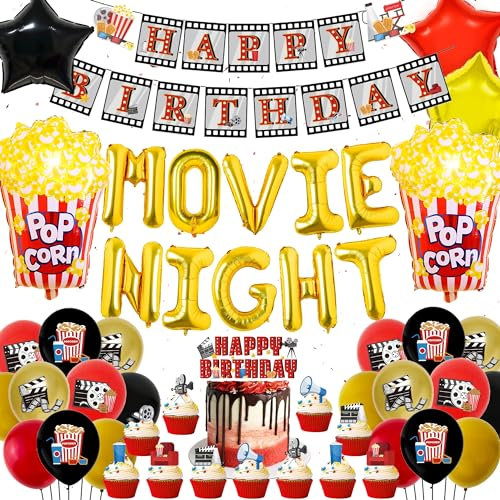 Movie Night Accessories Party Decorations - 61pieces Movie Themed Party Decorations Includes Banner Cupcake Toppers Letter Star Popcorn Foil Balloons for Movie Night Party