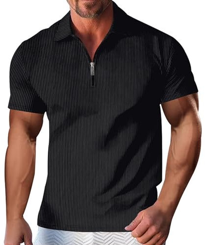 liangp Lässiges und modisches, einfarbiges, kurzärmeliges T-Shirt mit gestreiftem und Reißverschluss für Herren Wortuhr Schiedsrichter Uhr (Black, XXL)