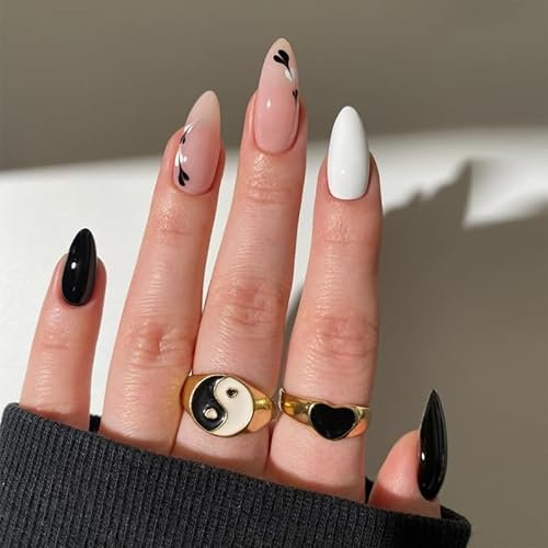 24pcs Medium Length False Nails Almond, Black White Press on Nails Nude Pink Fake Nails Glue on Nails Heart Stick on Nails Removable Acrylic Nails Gifts Women Nail Art Accessories