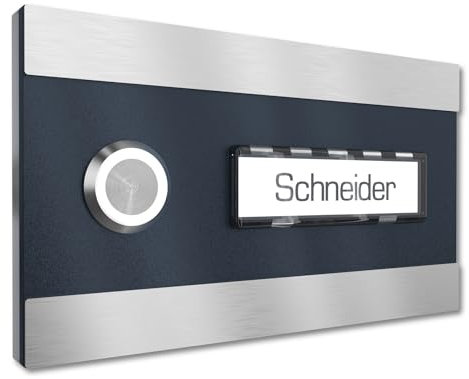 Graviers Design Aufputz Türklingel für Haustür 1 Namensschild austauschbar - V2A Edelstahl Klingel 140x80 mm - Name Beleuchtung LED Taster wählbar Klingelplatte