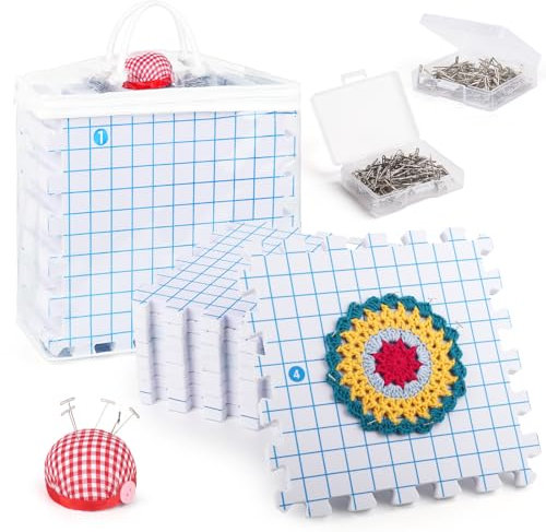 Coopay Spannmatten mit Raster, 9 Stück Spannmatten Stricken, Spannmatten Häkeln mit 200 T-Nadeln, Dicke Blockiermatten für Granny Square Spannen, Blocking Mats für Handarbeiten Stricken Häkeln Spitze