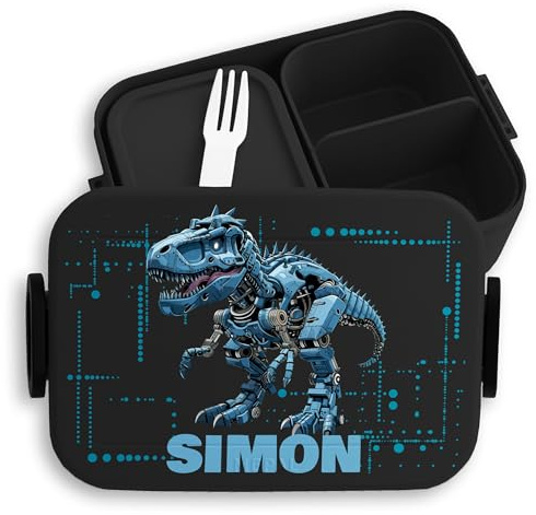 Shirtracer Mepal Lunchbox Kinder personalisiert T-Rex Roboter mit Name | Schwarz, 900 ml, Brotdose, mit Fächern, Schule, spülmaschinenfest, Midi, Vesperbox, Snackbox, Dinosaurier, Urzeit, Fossil